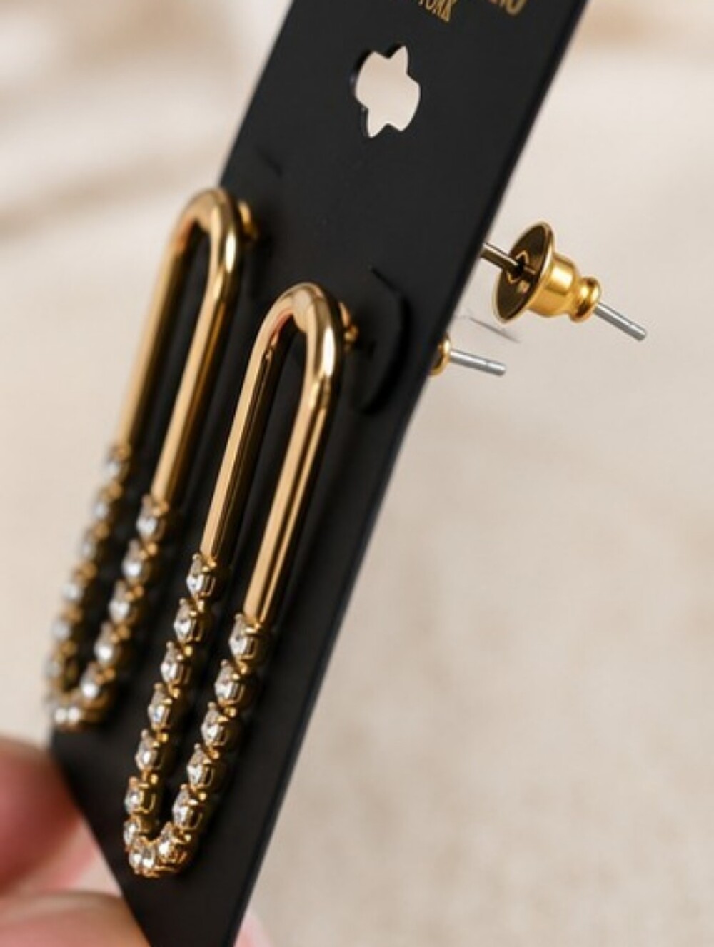 Christian Siriano NY Gold Tone Rhinestone U Shape Drop Earrings NWT - Picture 3 of 4